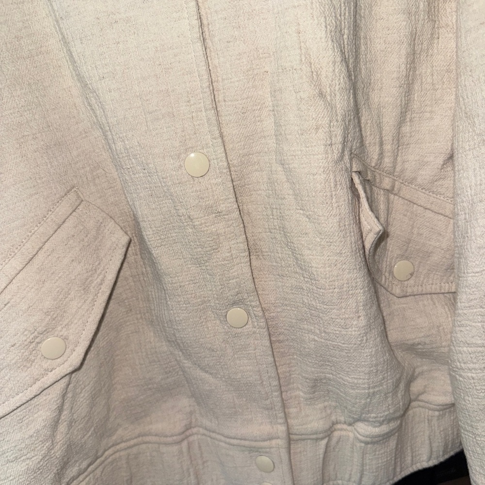 H&M Crepe Linen Bomber Jacket Cotton Beige Cropped Coat Ecru Textured snap - Picture 7 of 12